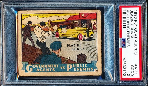 1936 M. Pressner & Co. “Government Agents vs. Public Enemies” (R61) Strip Card- #A201 Blazing Guns! PSA Graded Good 2.