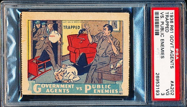 1936 M. Pressner & Co. “Government Agents vs. Public Enemies” (R61) Strip Card- #A202 Trapped- PSA Graded VG 3