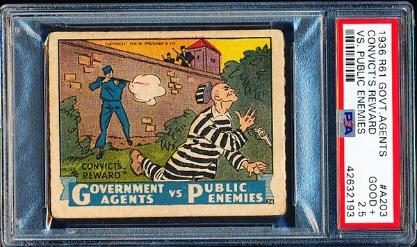1936 M. Pressner & Co. “Government Agents vs. Public Enemies” (R61) Strip Card- #A203 Convict’s Reward- PSA Graded Good+ 2.5