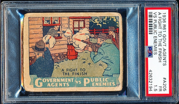 1936 M. Pressner & Co. “Government Agents vs. Public Enemies” (R61) Strip Card- #A205 A Fight to the Finish- PSA Graded Fair 1.5- 60/40 l/r, creases.