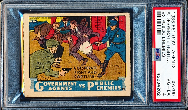 1936 M. Pressner & Co. “Government Agents vs. Public Enemies” (R61) Strip Card- #A206 A Desperate Fight and Capture- PSA Graded VG-EX 4