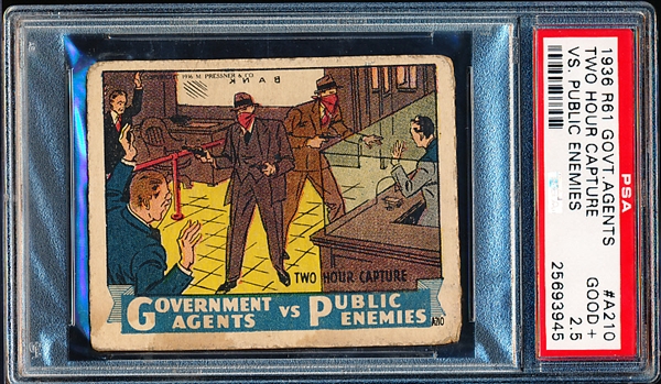 1936 M. Pressner & Co. “Government Agents vs. Public Enemies” (R61) Strip Card- #A210 Two Hour Capture- PSA Graded Good+ 2.5