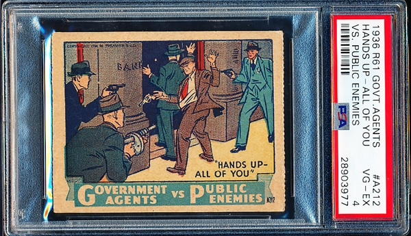1936 M. Pressner & Co. “Government Agents vs. Public Enemies” (R61) Strip Card- #A212 “Hands Up- All of You”- PSA Graded VG-EX 4
