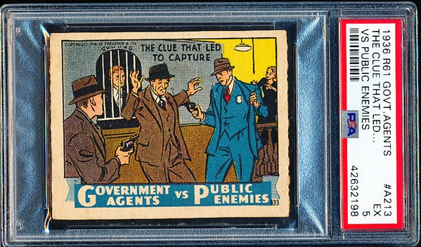 1936 M. Pressner & Co. “Government Agents vs. Public Enemies” (R61) Strip Card- #A213 the Clue That Led to Capture- PSA Graded EX 5