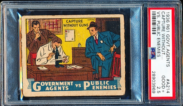 1936 M. Pressner & Co. “Government Agents vs. Public Enemies” (R61) Strip Card- #A214 Capture Without Guns- PSA Graded Good+ 2.5
