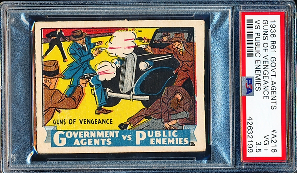 1936 M. Pressner & Co. “Government Agents vs. Public Enemies” (R61) Strip Card- #A216 Guns of Vengeance- PSA Graded VG+ 3.5