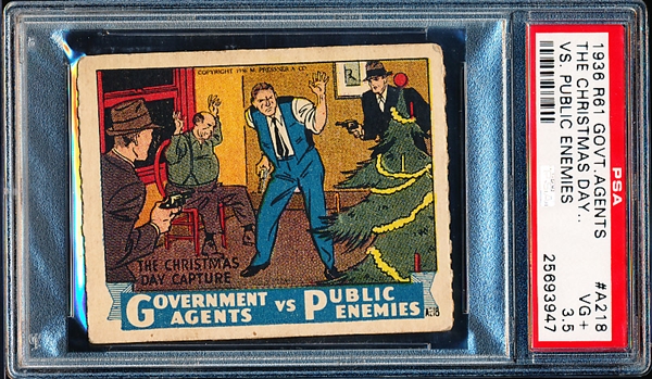 1936 M. Pressner & Co. “Government Agents vs. Public Enemies” (R61) Strip Card- #A218 The Christmas Day Capture- PSA Graded VG+ 3.5