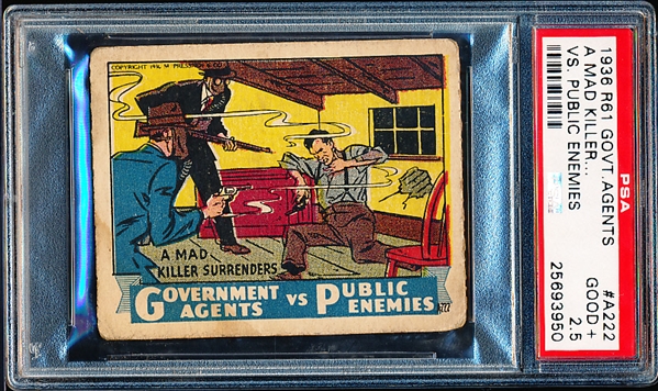 1936 M. Pressner & Co. “Government Agents vs. Public Enemies” (R61) Strip Card- #A222 A Mad Killer Surrenders- PSA Graded Good+ 2.5