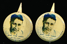 1938 Our National Game Baseball Pins- Bump Hadley, NY Yankees- 2 Pins