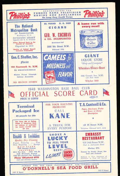1949 Washington Senators Scorecard vs. Phila A’s