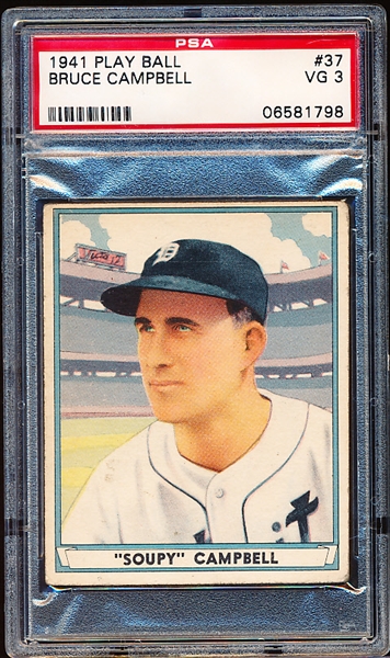 1941 Playball Baseball- #37 Bruce “Soupy” Campbell, Tigers- PSA Vg 3