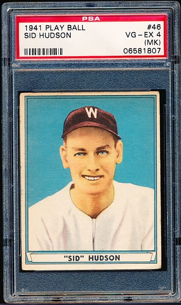 1941 Playball Baseball- #46 Sid Hudson, Washington- PSA Vg-Ex 4 (MK)- Dated 1941 back