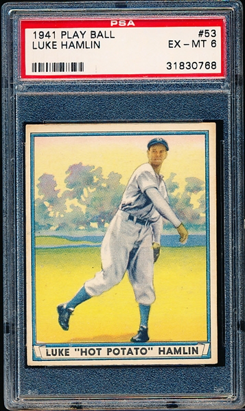 1941 Playball Baseball- #53 Luke Hamlin, Brooklyn Dodgers- PSA Ex-Mt 6 – Hi#