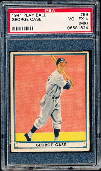 1941 Playball Baseball- #69 George Case, Washington- PSA Vg-Ex 4 (MK)- Hi#