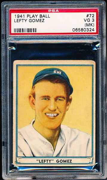 1941 Playball Baseball- #72 Lefty Gomez, Yankees- Hi#- PSA VG 3 (MK)