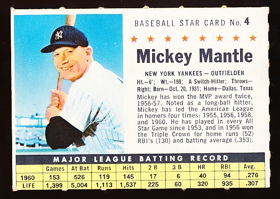 1961 Post Cereal Bb- #4 Mickey Mantle, Yankees- Company Issue