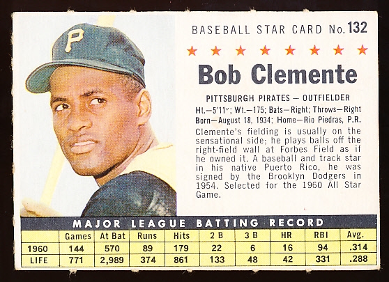 1961 Post Cereal Bb- #132 Bob Clemente, Pirates- Company Issue