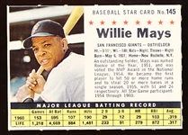 1961 Post Cereal Bb- #145 Willie Mays, Giants- Company Issue