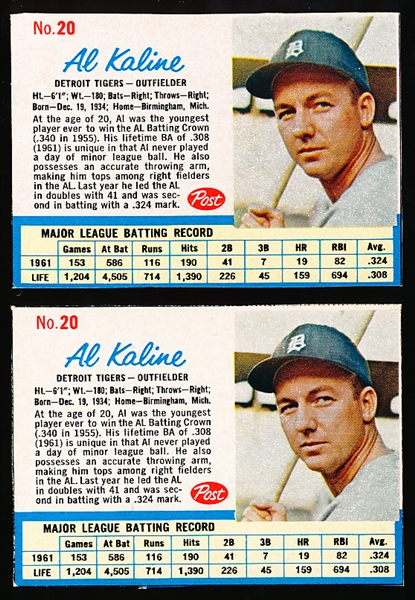 1962 Post Cereal Bb- #20 Al Kaline, Tigers- 2 Cards