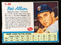 1962 Post Cereal Bb- #83 Bob Allison, Twins- SP