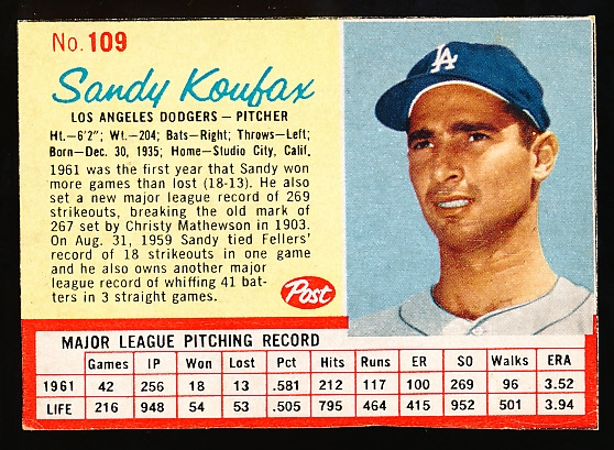 1962 Post Cereal Bb- #109 Sandy Koufax, Dodgers- Red Lines Version
