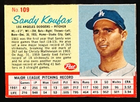 1962 Post Cereal Bb- #109 Sandy Koufax, Dodgers- Red Lines Version
