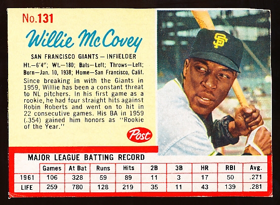 1962 Post Cereal Bb- #131 Willie McCovey, Giants- SP