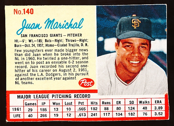 1962 Post Cereal Bb- #140 Juan Marichal, Giants- SP