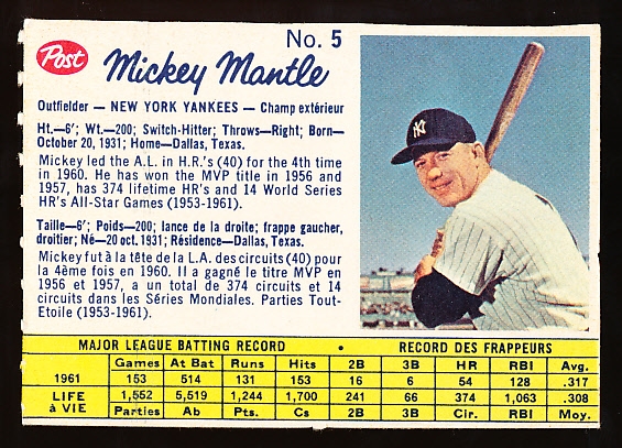 1962 Post Cereal Canadian Bb- #5 Mickey Mantle, Yankees- “153 Hits”