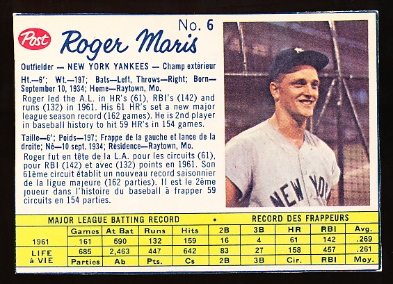 1962 Post Cereal Canadian Bb- #6 Roger Maris, Yankees- “Residence” and small “p” variation
