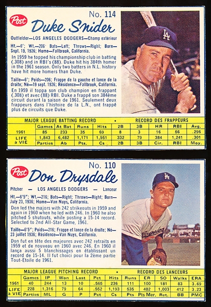 1962 Post Cereal Canadian Bb- 2 Diff LA Dodgers