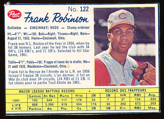 1962 Post Cereal Canadian Bb-#122 Frank Robinson, Reds