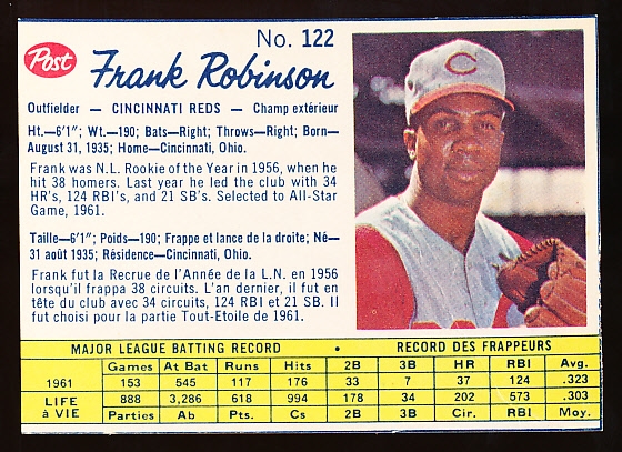 1962 Post Cereal Canadian Bb- #122 Frank Robinson, Reds