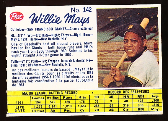 1962 Post Cereal Canadian Bb- #142 Willie Mays, Giants