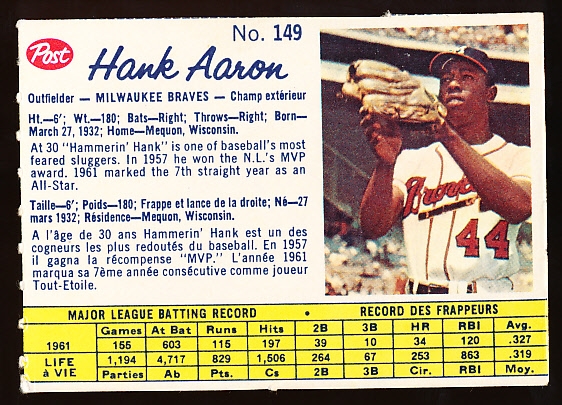 1962 Post Cereal Canadian Bb- #149 Hank Aaron, Braves