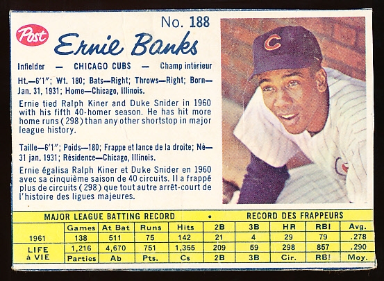 1962 Post Cereal Canadian Bb- #188 Ernie Banks, Cubs