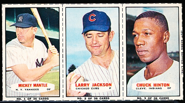 1965 Bazooka Baseball- 3 Card Panel- #1 Mantle/ #2 L. Jackson/ #3 Hinton