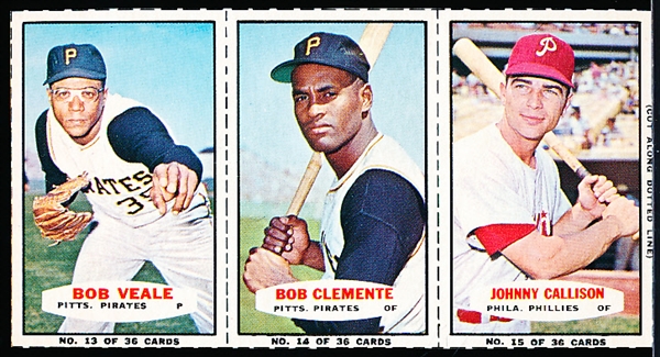 1965 Bazooka Baseball- 3 Card Panel- #13 Veale /#14 Clemente/ #15 John Callison