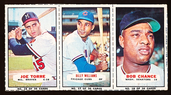 1965 Bazooka Baseball- 3 Card Panel- #16 Joe Torre/ #17 Billy Williams /#18 Bob Chance