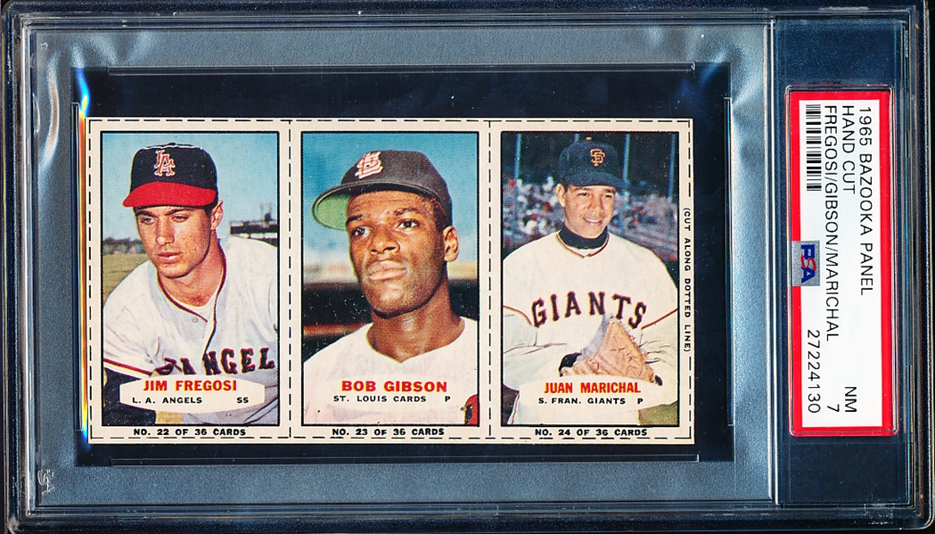 1965 Bazooka Baseball- 3 Card Panel- #2 Fregosi/ #23 Bob Gibson/ #24 Juan Marichal- PSA NM 7