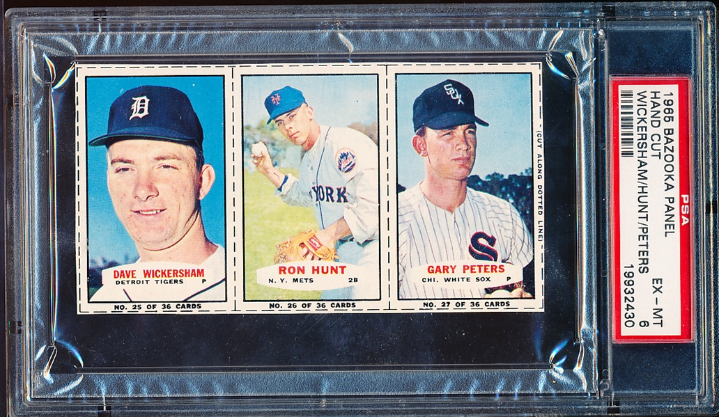 1965 Bazooka Baseball- 3 Card Panel- #25 Wickersham/ #26 Ron Hunt/ #27 Gary Peters- PSA Ex-Mt 6