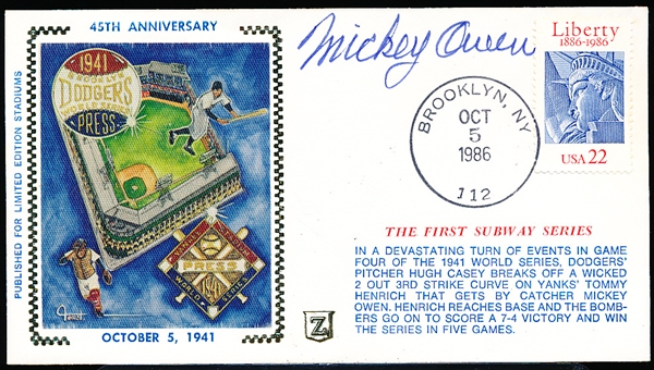 Autographed October 5, 1986 Z Cachet MLB- Mickey Owen- 45th Anniv. of the 1941 World Series