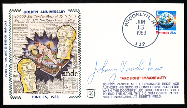 Autographed June 15, 1988 Ltd Ed. Stadiums/ Scott Forst Cachet MLB- Johnny Vander Meer- 50th Anniversary of 2nd Consecutive No-Hitter
