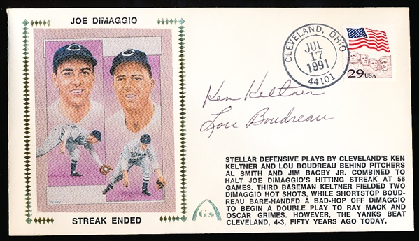 Autographed July 17, 1991 Gateway Cachet MLB- Lou Boudreau and Ken Keltner- 50th Anniversary of Joe DiMaggio Streak Stopped