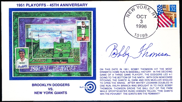 Autographed October 3, 1996 Bull’s Eye Cachet MLB-#19/450- Bobby Thomson- 1951 Playoffs-45th Anniversary