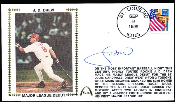 Autographed September 8, 1998 Gateway Cachet MLB- J. D. Drew- Major League Debut