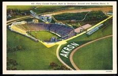 The Central News Co (Akron, OH.) “3B-H984, 825- Navy Corsair Fighter, Built by Goodyear Aircraft over Stadium, Akron, O” Linen Postcard