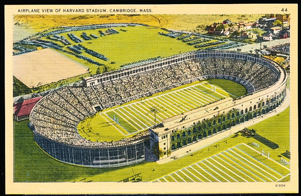 “44, 61906 Airplane View of Harvard Stadium, Cambridge, Mass.” Linen Postcard