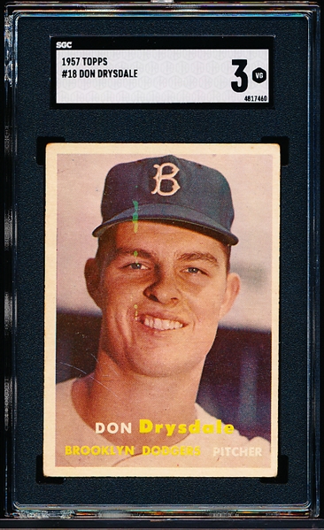 1957 Topps Baseball- #18 Don Drysdale Rookie! – SGC 3 (Vg)