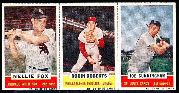 1960 Bazooka Baseball- 3 Card Panel- #25 Nellie Fox/ #26 Robin Roberts/ #27 Joe Cunningham